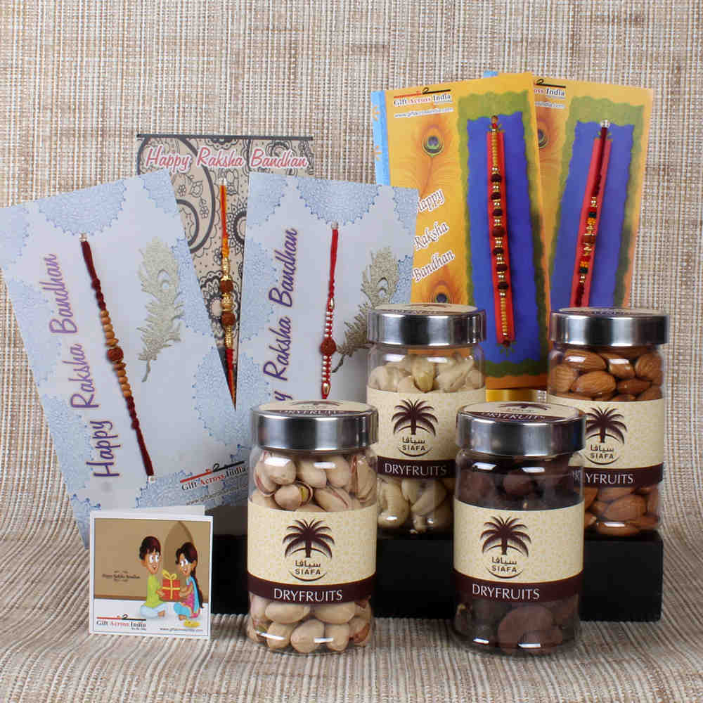 Siafa Assorted Dry Fruits with Five Rudraksha Rakhi