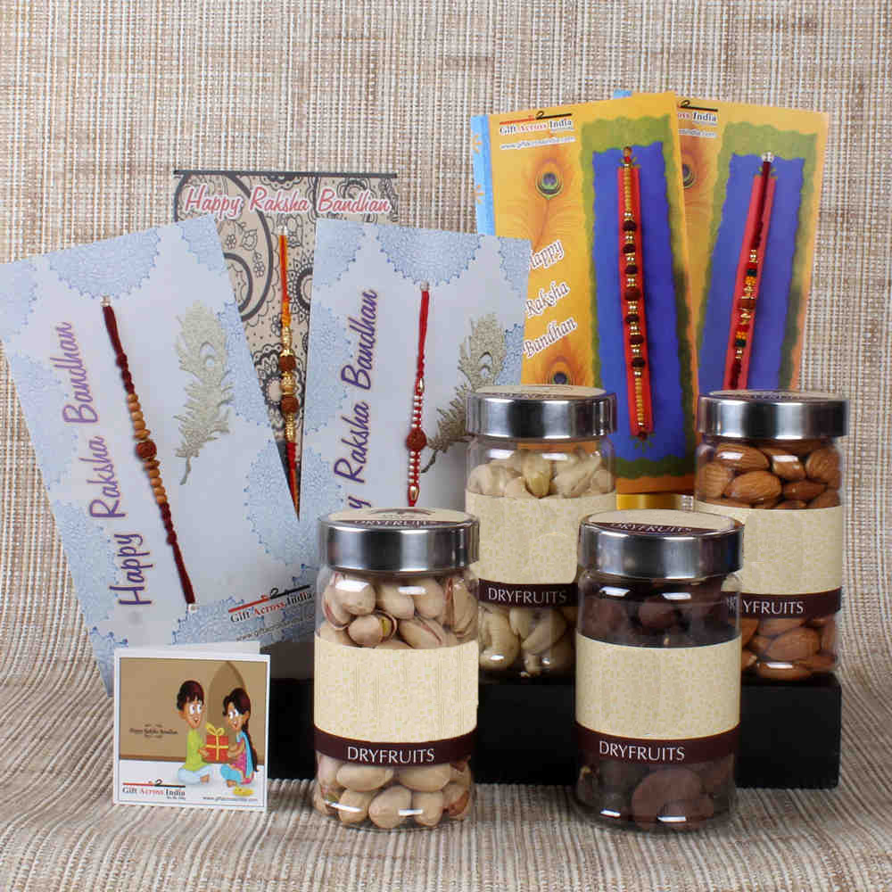 Five Rudraksha Rakhi and Assorted Dry Fruits