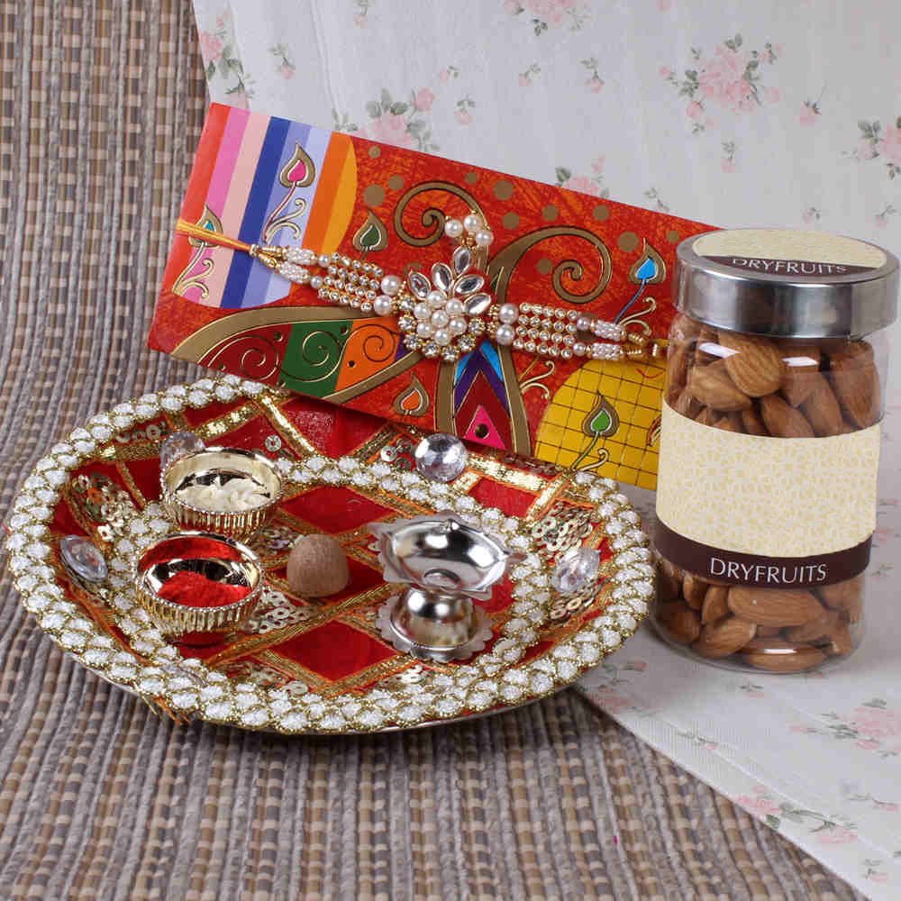 Traditional Puja Thali with Almonds and Best Kundan Rakhi