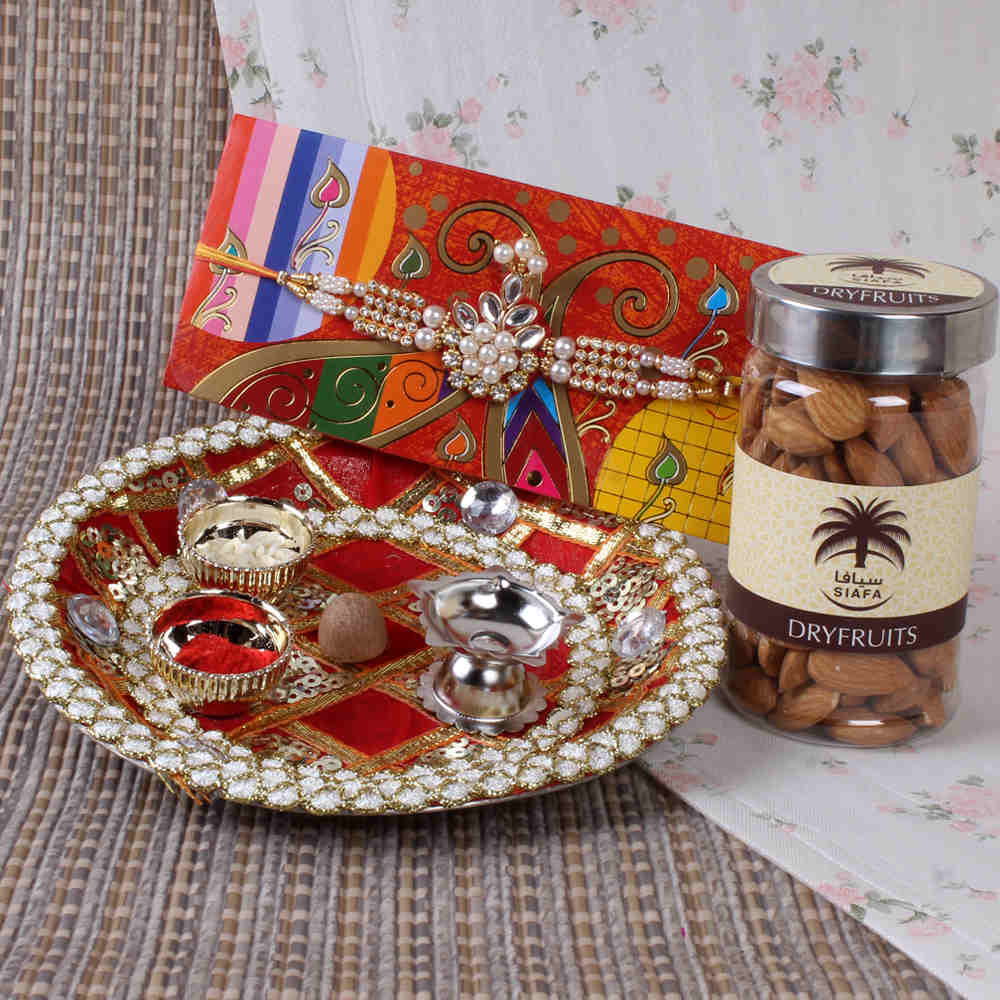 Traditional Puja Thali with Almonds and Kundan Rakhi - Worldwide