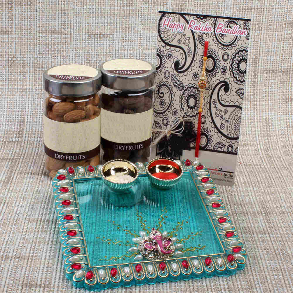 Designer Acrylic Puja Thali with Dry Fruits and Rakhi