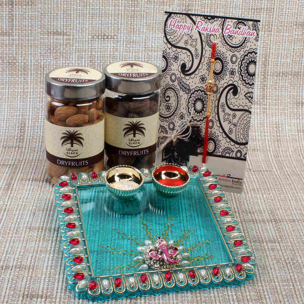 Designer Acrylic Thali with Dry Fruits and Rakhi - Worldwide