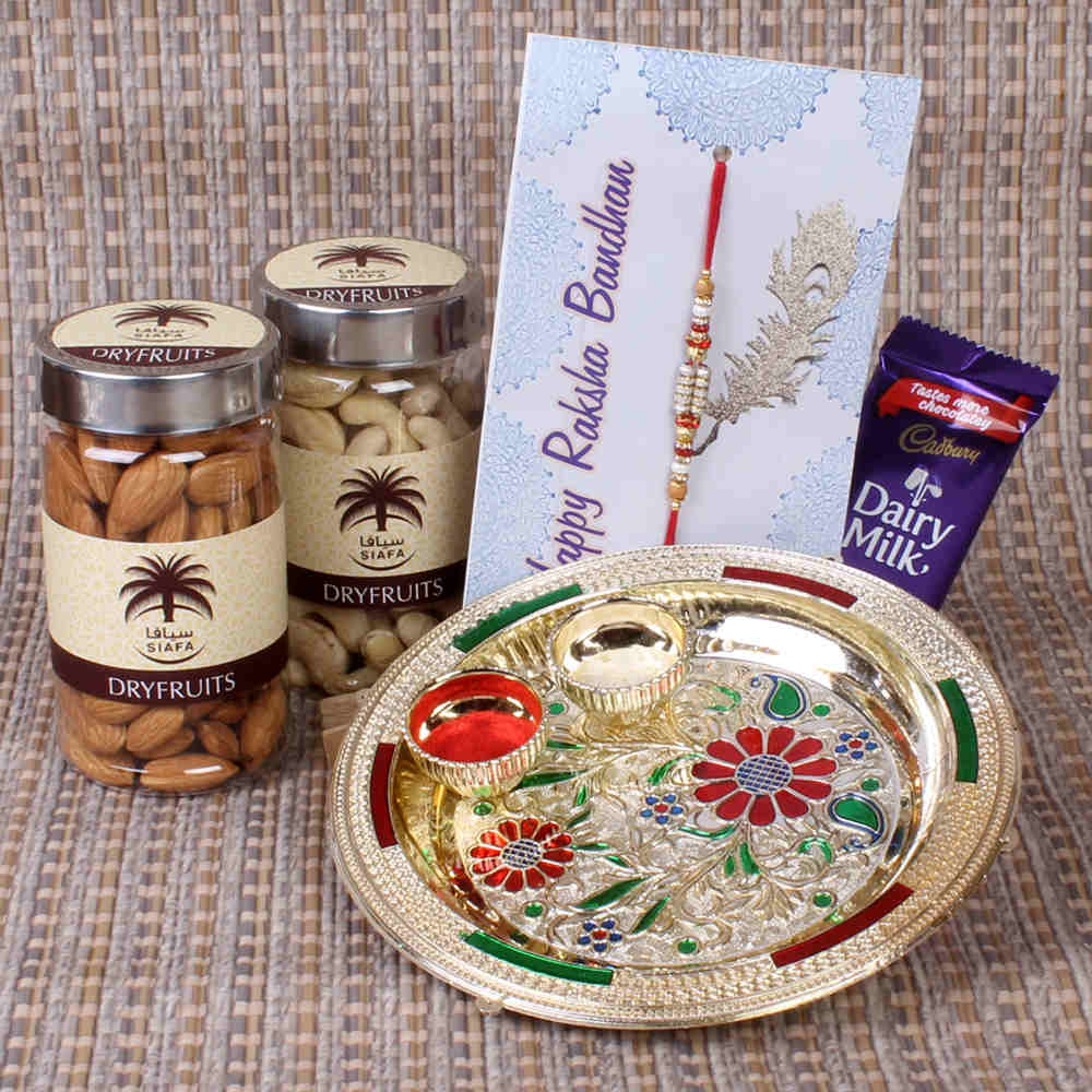 Fancy Floral Designer Rakhi Thali with Dry Fruits and Chocolates