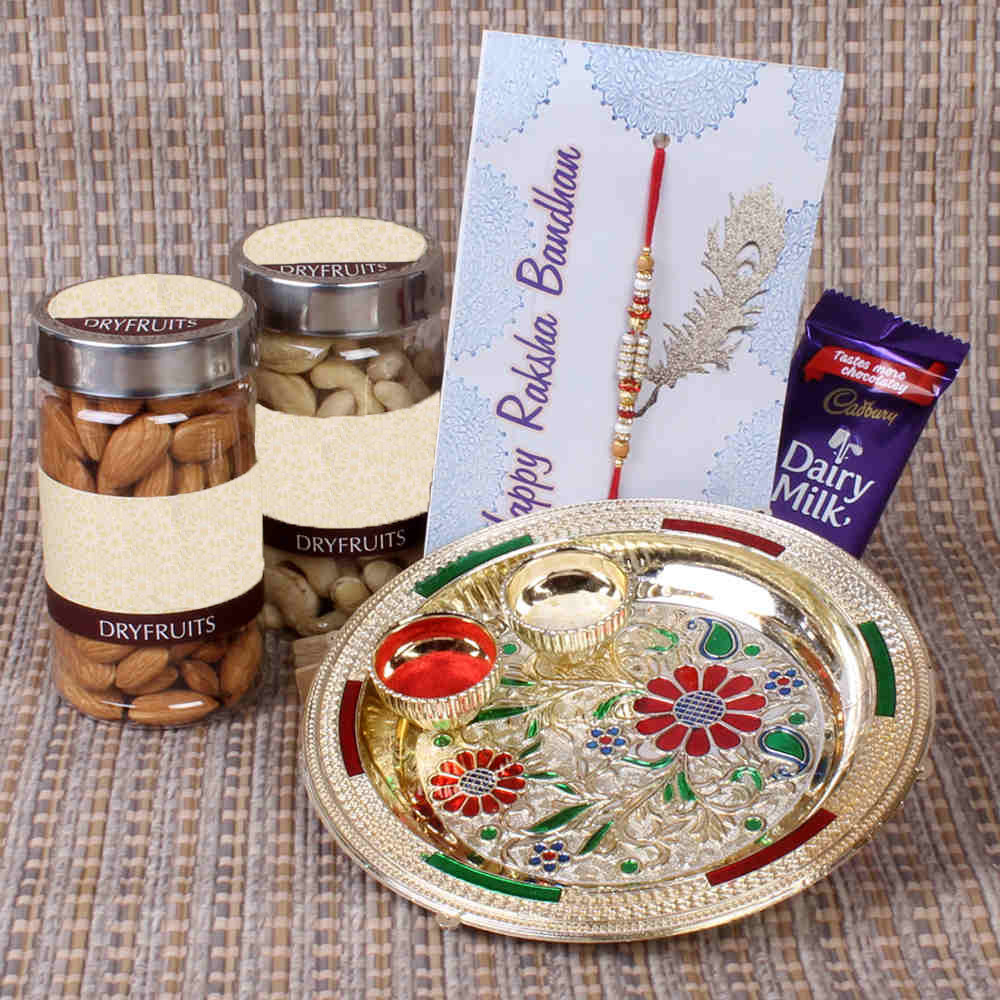 Dry Fruits and Chocolates with Floral Designer Rakhi Thali