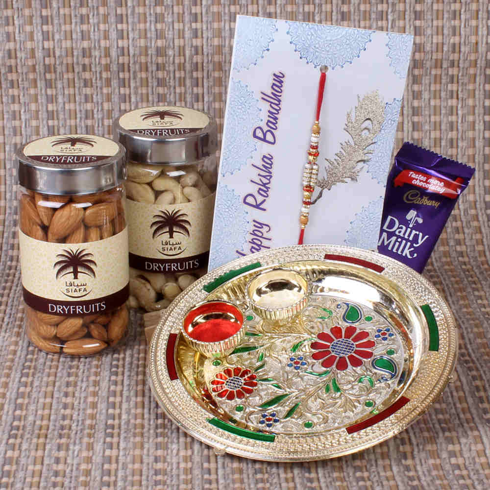 Floral Designer Rakhi Thali with Dry Fruits and Chocolates - Worldwide