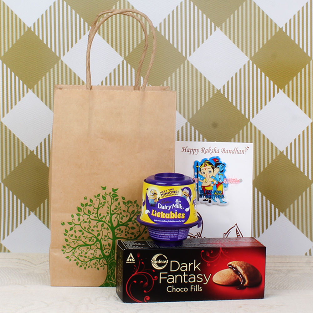 Dairy Milk Lickables with Dark Fantasy Choco Fill Pack and Ganesha Krishna Rakhi