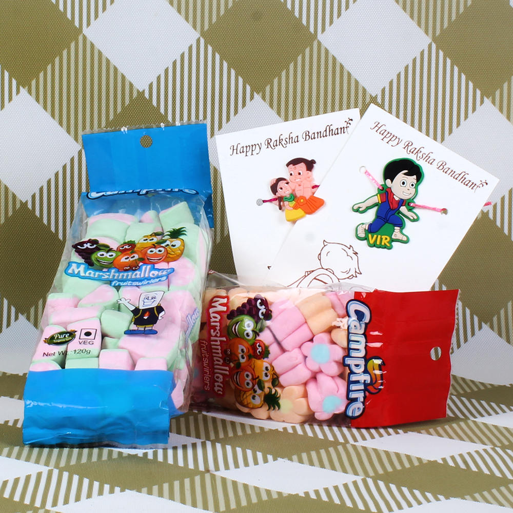 Two Cartoon Character Kids Rakhi with Marshmallow Chocolate