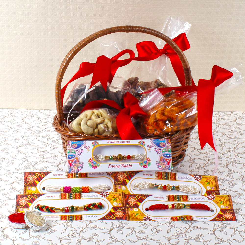 Five Beads Rakhi with Assorted Cashew Combo