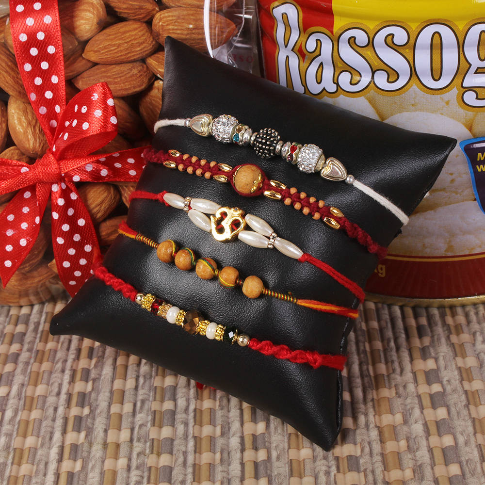 Set of 5 Rakhis with Rassogulla and Pistachio Almond