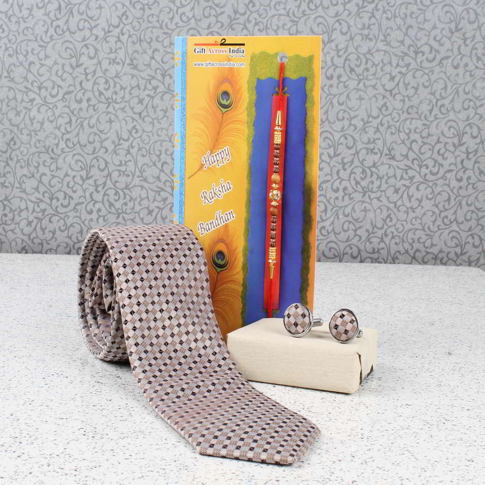 Beige Brown Weaved Tie and Cufflink with Rakhi Combo