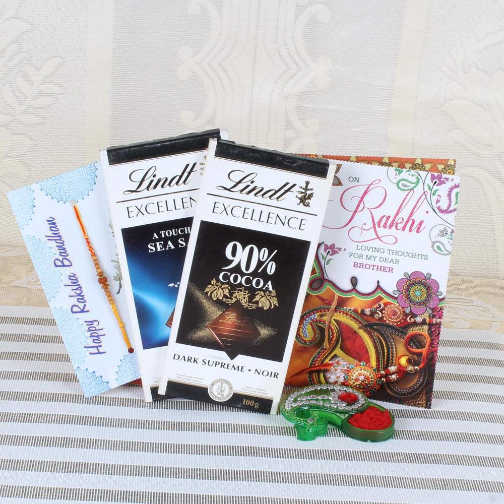 Two Lindt Excellence Chocolate with Rakhi and Greeting Card