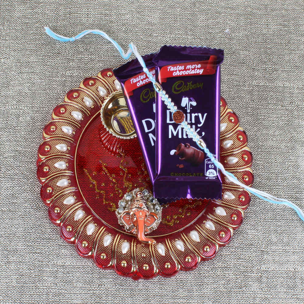 Designer Thali with Cadbury Dairy Milk Chocolate and Rudraksha Rakhi