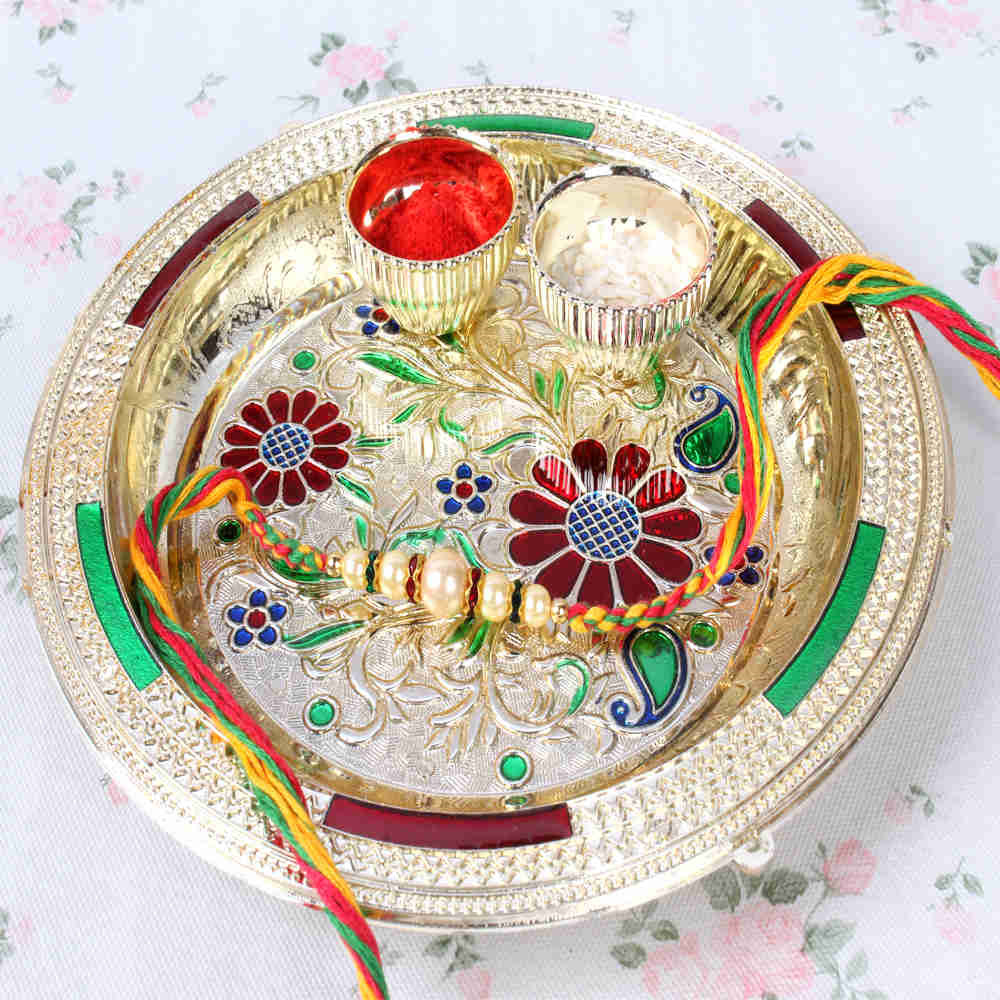 Pearl Rakhi with Floral Designer Thali