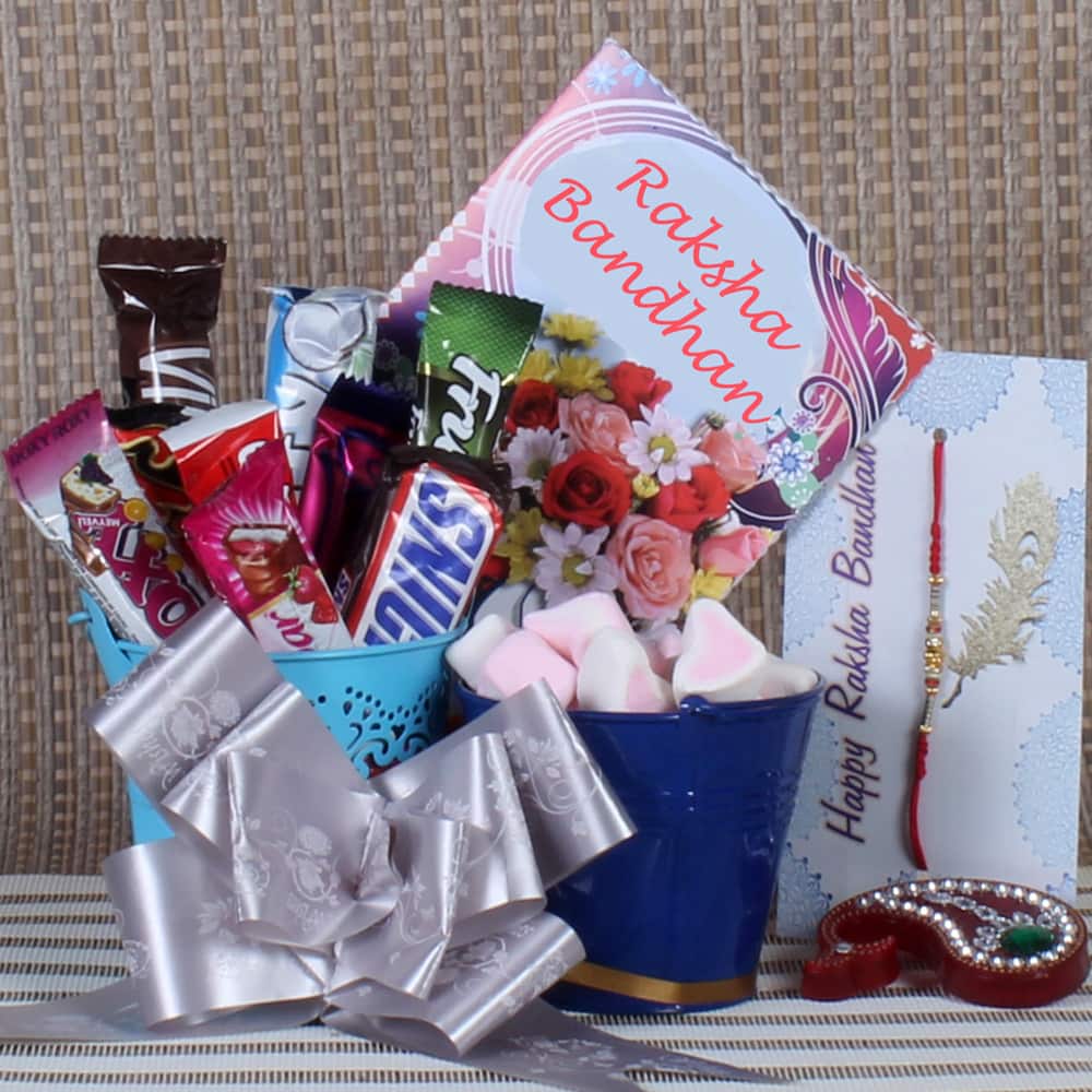 Rakhi Gift Buckets of Marshmallow and Chocolates 