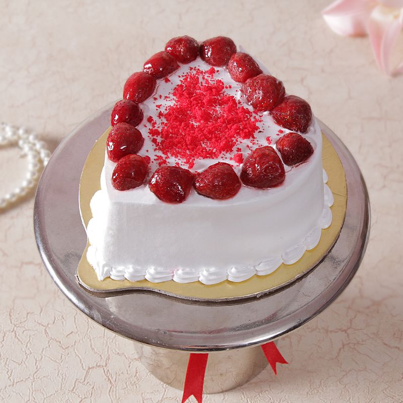 Fresh Eggless Heart Shape Strawberry Cake