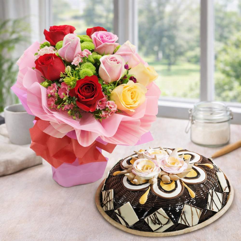 Mix Roses With Black Forest Dom Cake