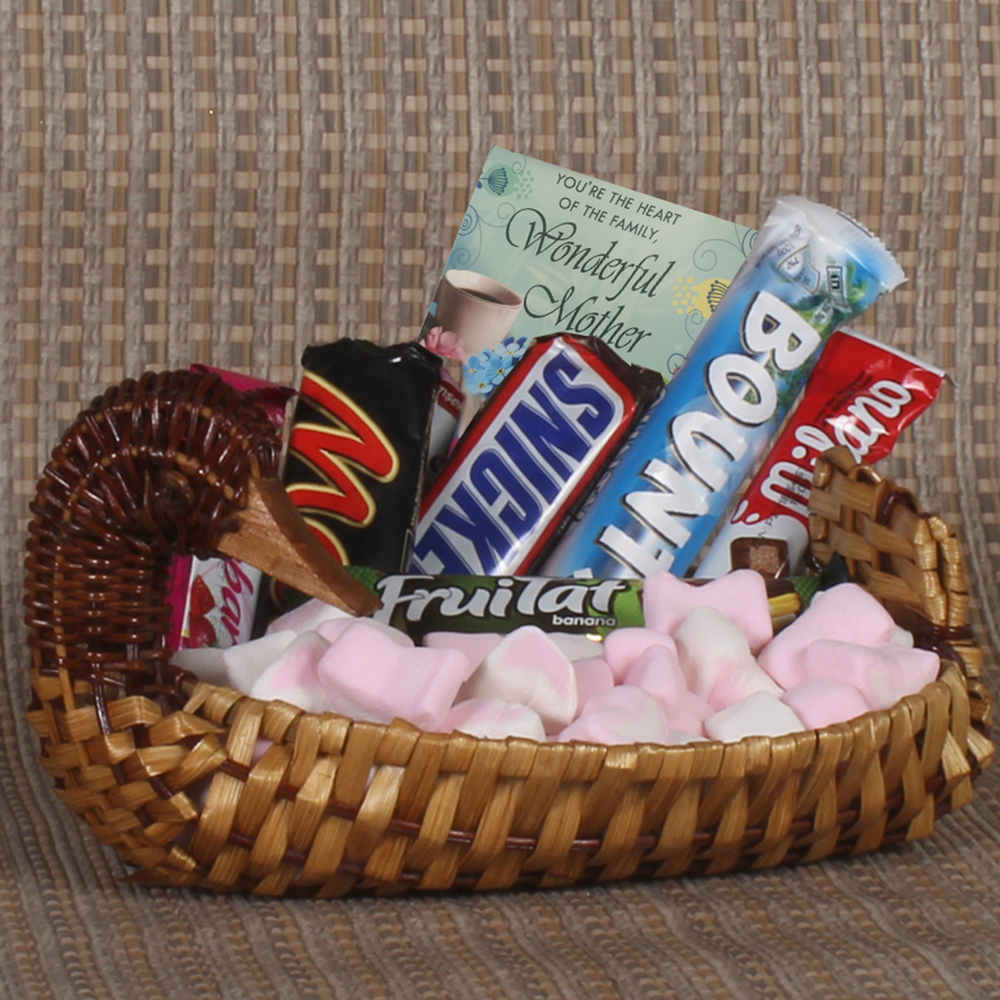 Basket of Exclusive Imported Chocolates and Marshmellow with Greeting Card for Mom