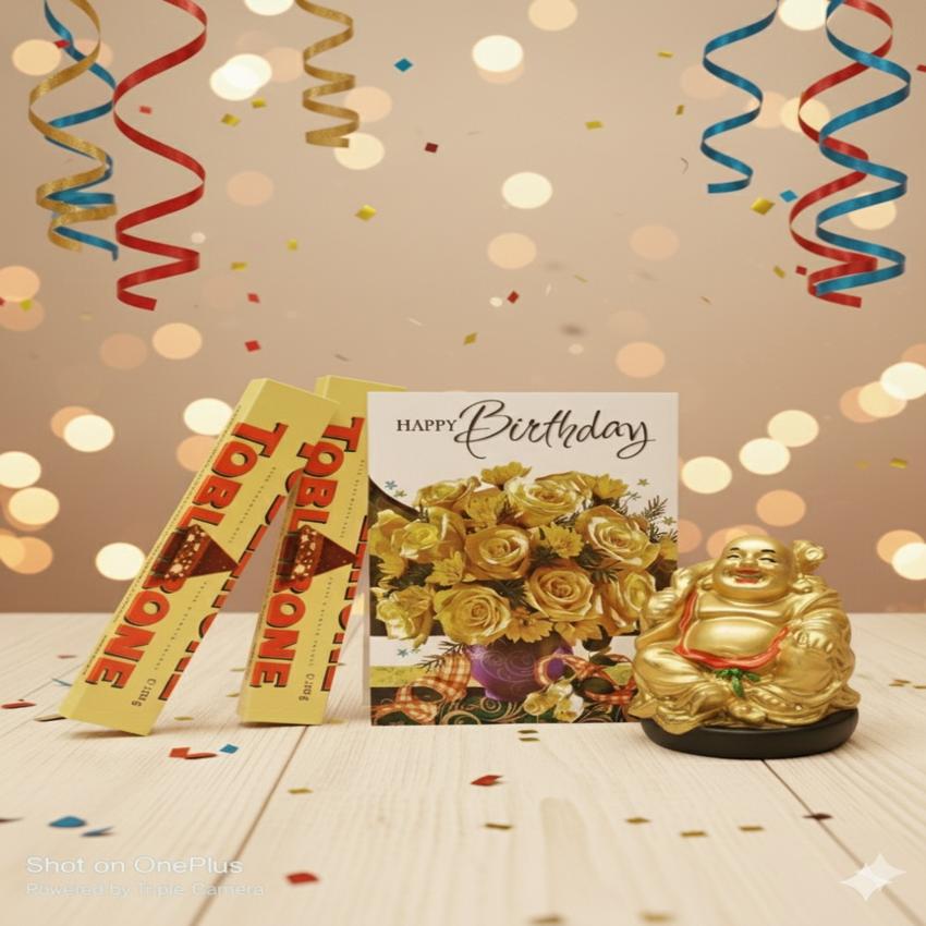 Laughing Buddha and Birthday Card with Toblerone Chocolates