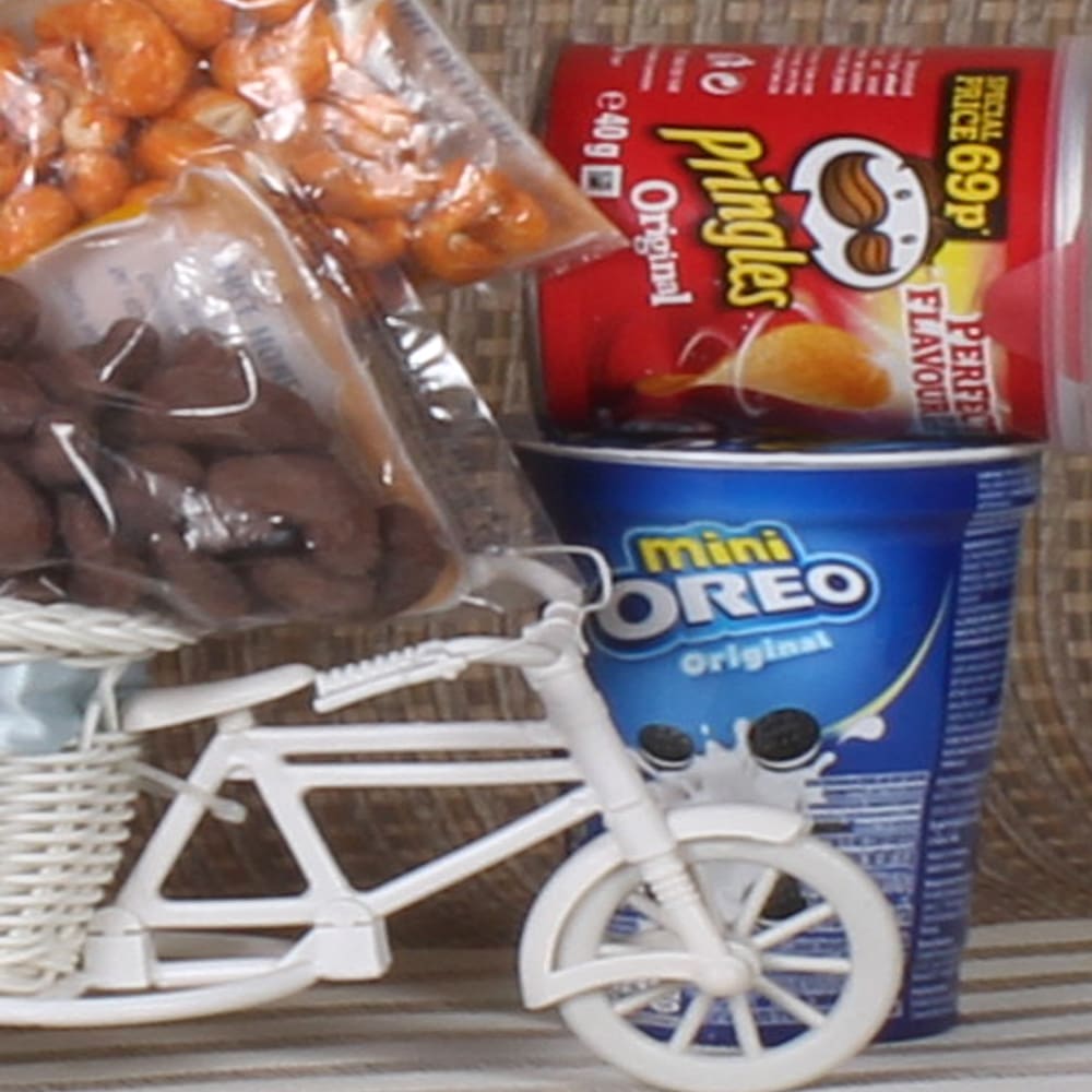 Cycle Basket of Dryfruits and Oreo Pringles 