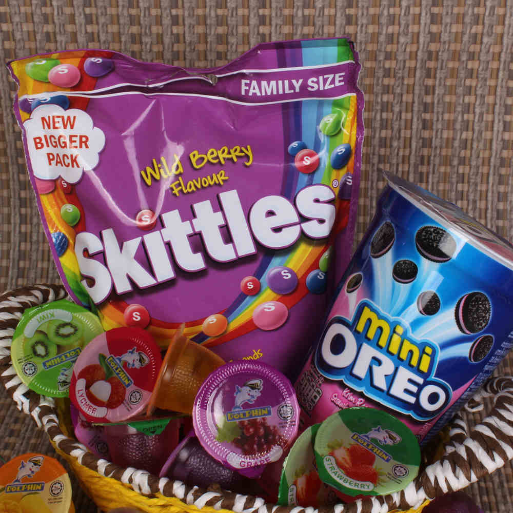Christmas Gift Basket of Skittles and Mini Oreo with Fruit Jelly