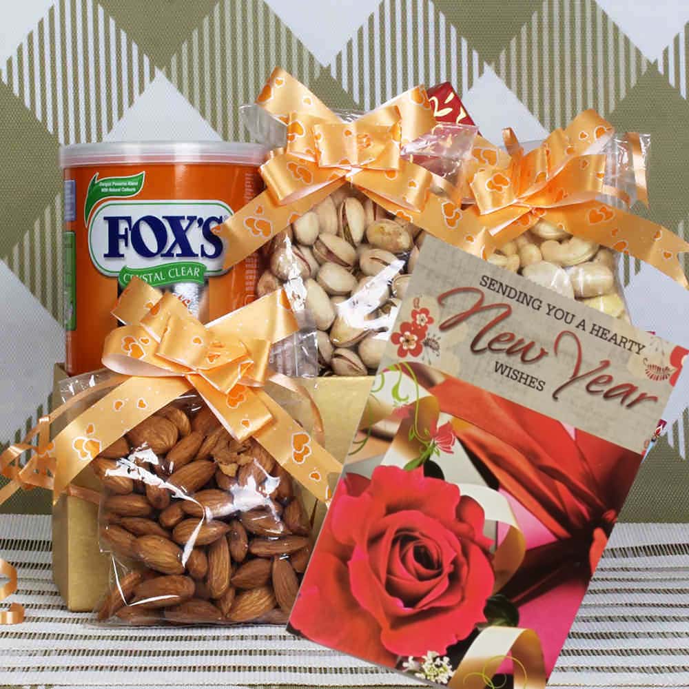 New Year Gift of Dryfruits and Fox Chocolate