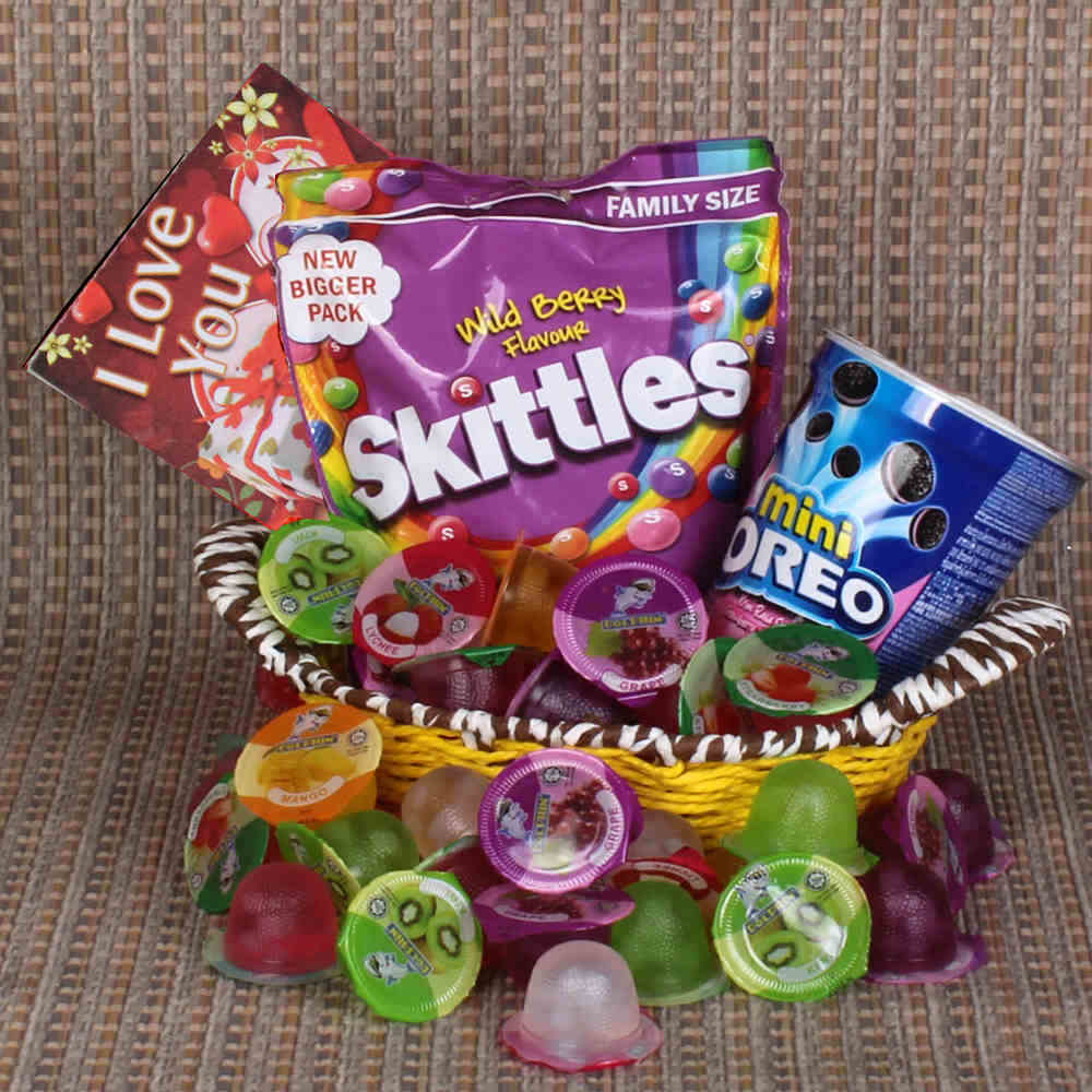 Love Gift Basket of Skittles and Mini Oreo with Fruit Jelly