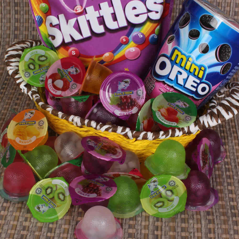 Love Gift Basket of Skittles and Mini Oreo with Fruit Jelly