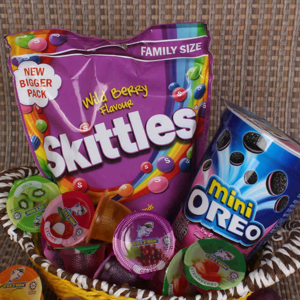 Love Gift Basket of Skittles and Mini Oreo with Fruit Jelly