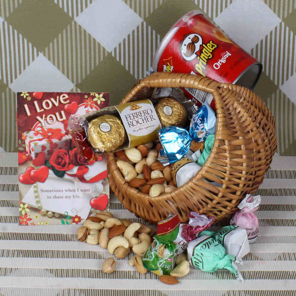 Dryfruit and chocolate basket hamper for Valentines Day