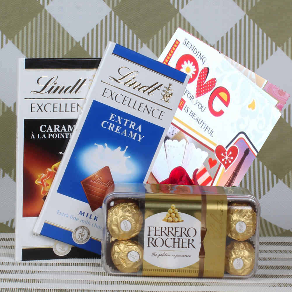Lindt and Rocher hamper with Valentines Day Greeting card