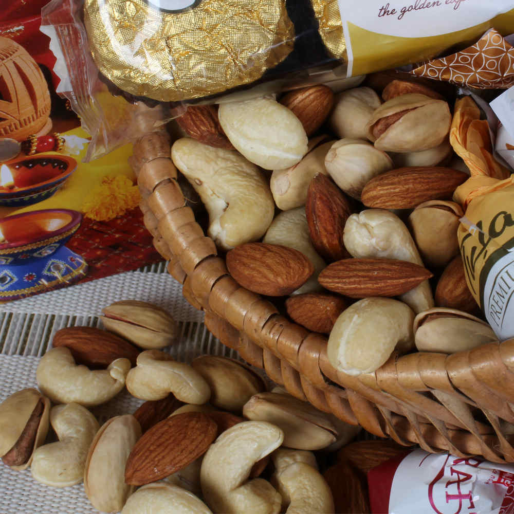 Dryfruit and chocolate basket hamper for diwali