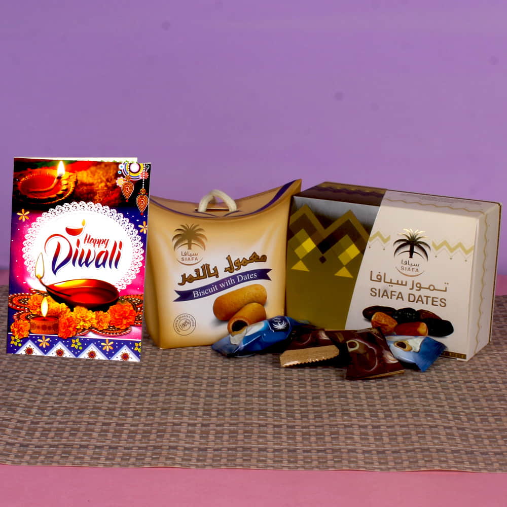 Diwali Hamper of Choco Dates and Biscuit Dates with Greeting Card