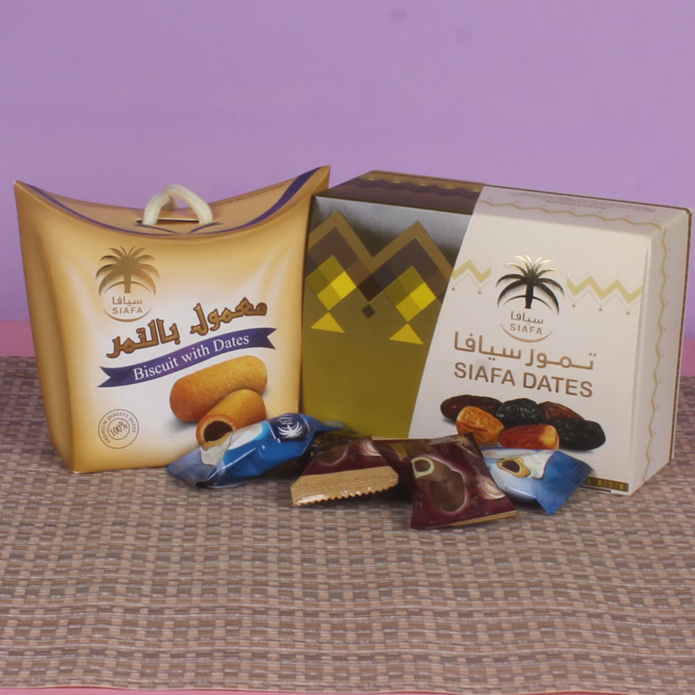 Diwali Hamper of Choco Dates and Biscuit Dates with Greeting Card