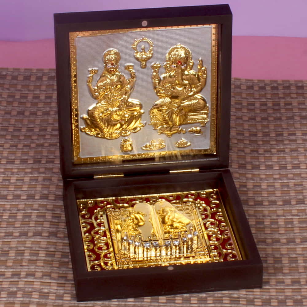 Gold Plated Laxmi Ganesha Photo Box with Hersheys Chocolates