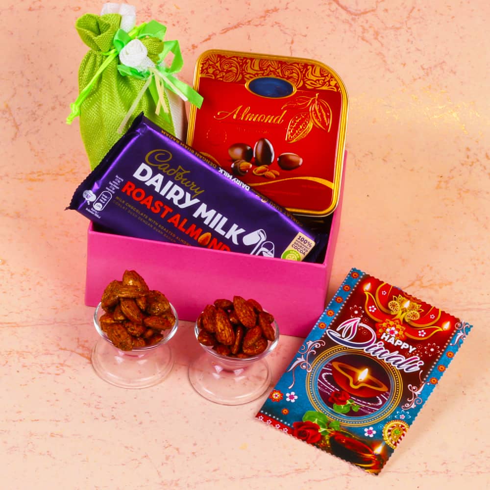 Diwali Best Gift Box of Flavoured Almonds and Dairy Milk Chocolate Bar with Almond Chocolates Box