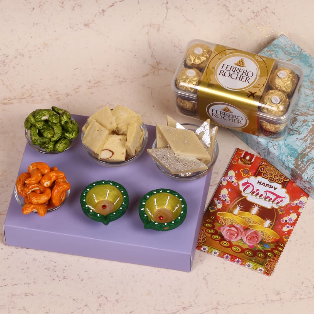 Diwali Gift Box of Rocher Chocolate Mithai and Dryfruits