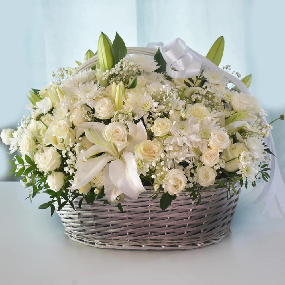 Condolence White Flowers in Basket