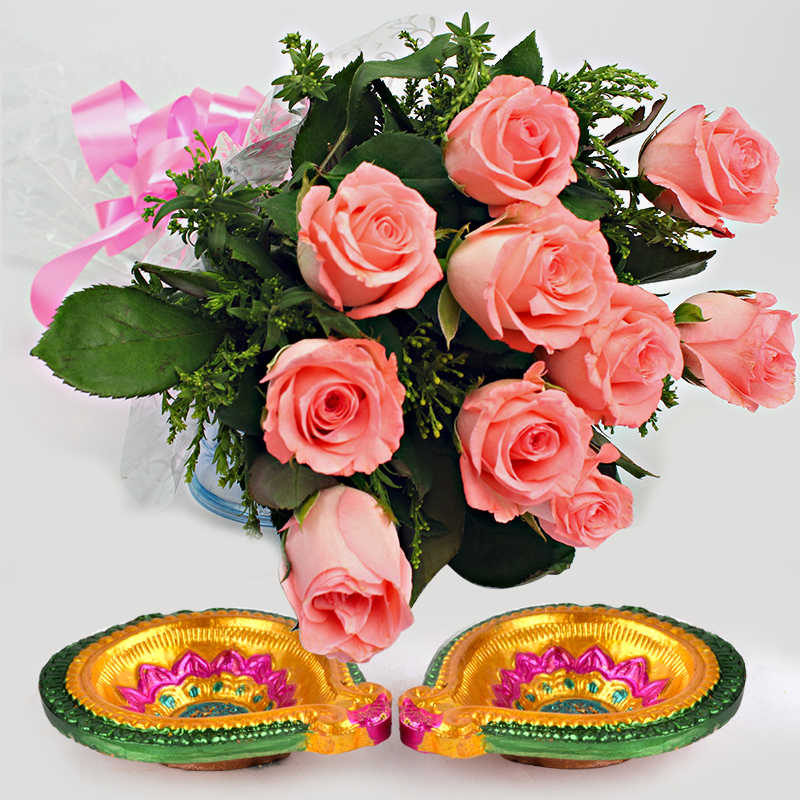 Diwali Roses with Diya Hamper