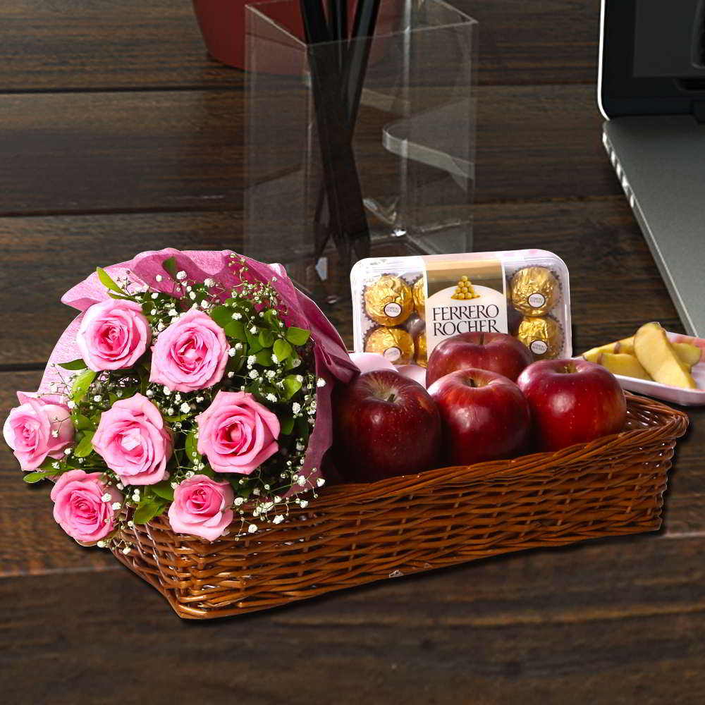Mothers Day Special Pink Rose Bouquet with Apple and Ferrero Rocher