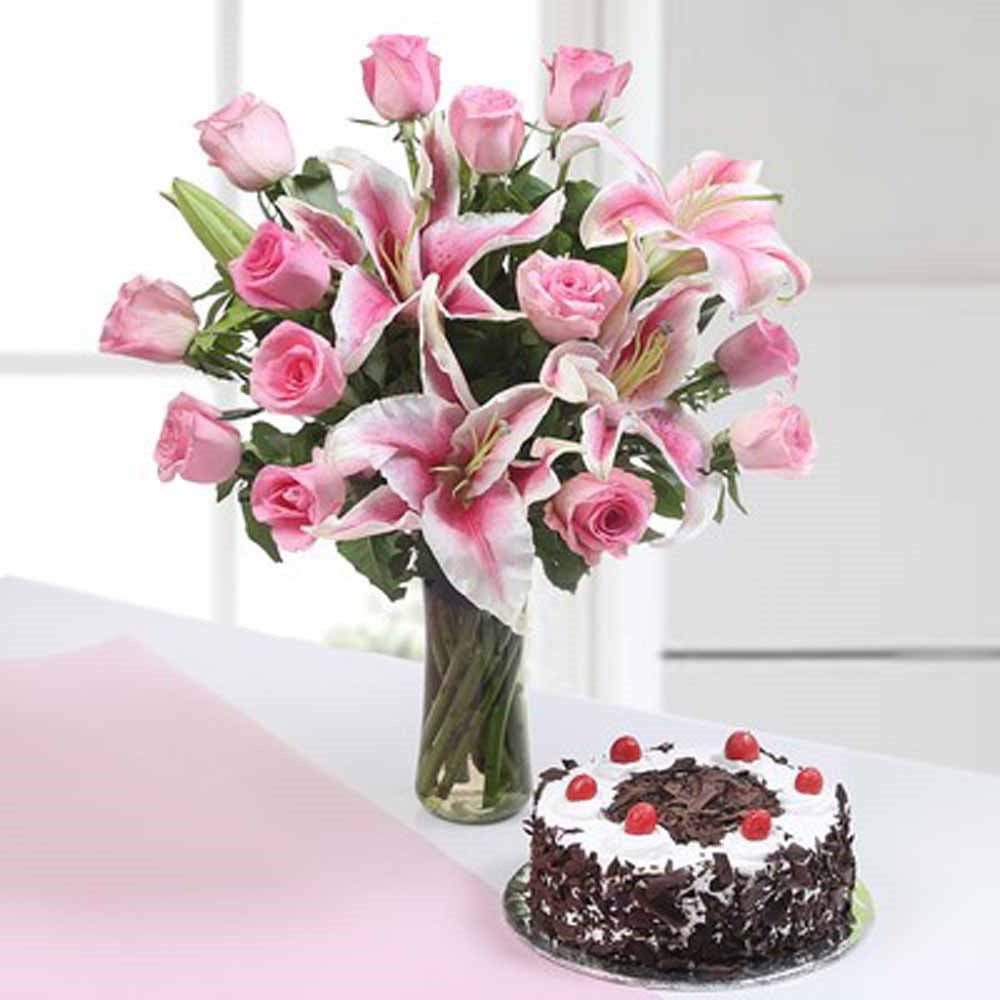 Pink Flowers with Black Forest Cake for Mothers Day Gift
