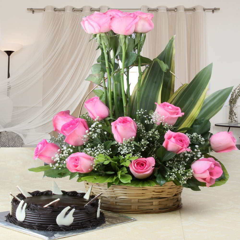 Charming Pink Roses Arrangement with Cake For Mother