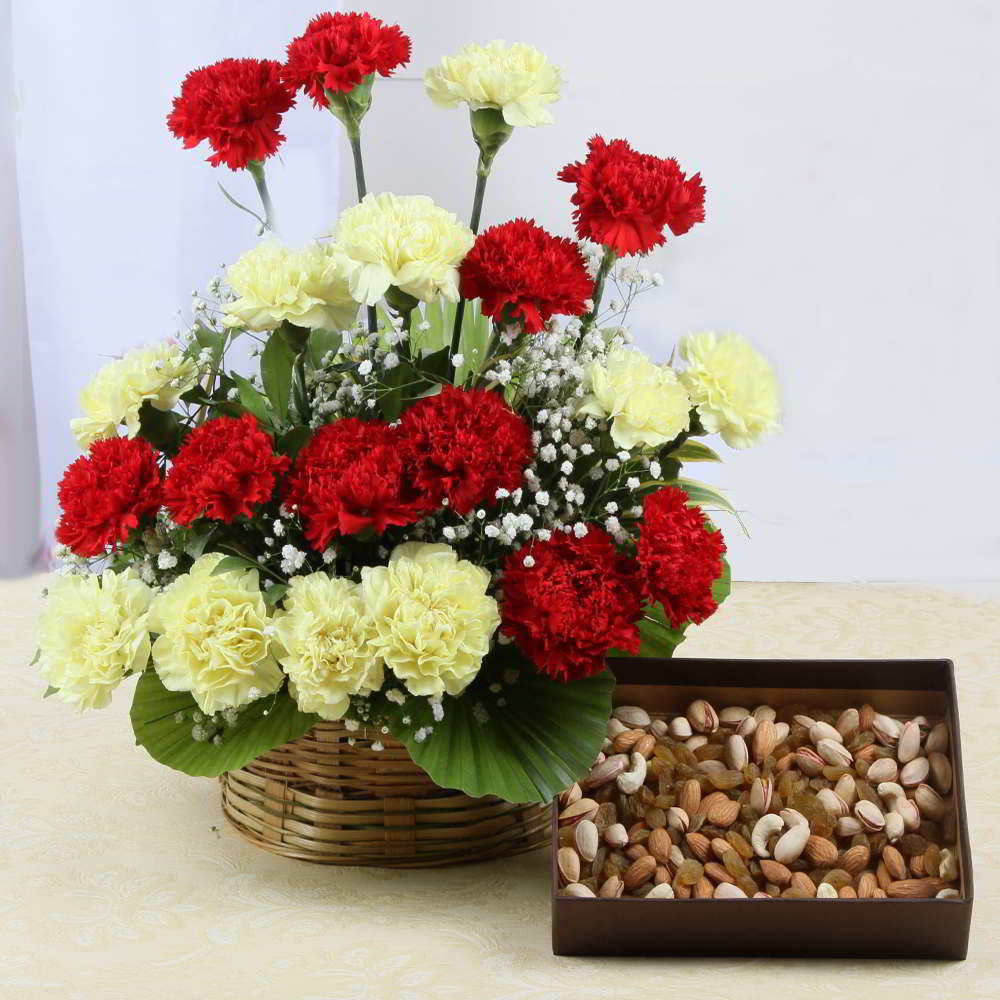 Mothers Day Combo of Assorted Dry Fruits with Carnations Arrangement