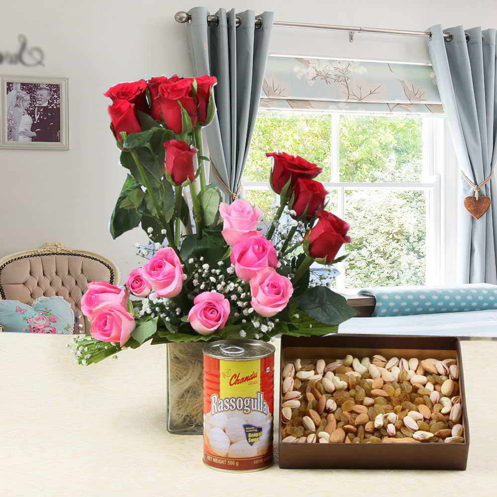 Mix Roses in Glass Vase with Assorted Dry Fruits and Rasgulla for Mom