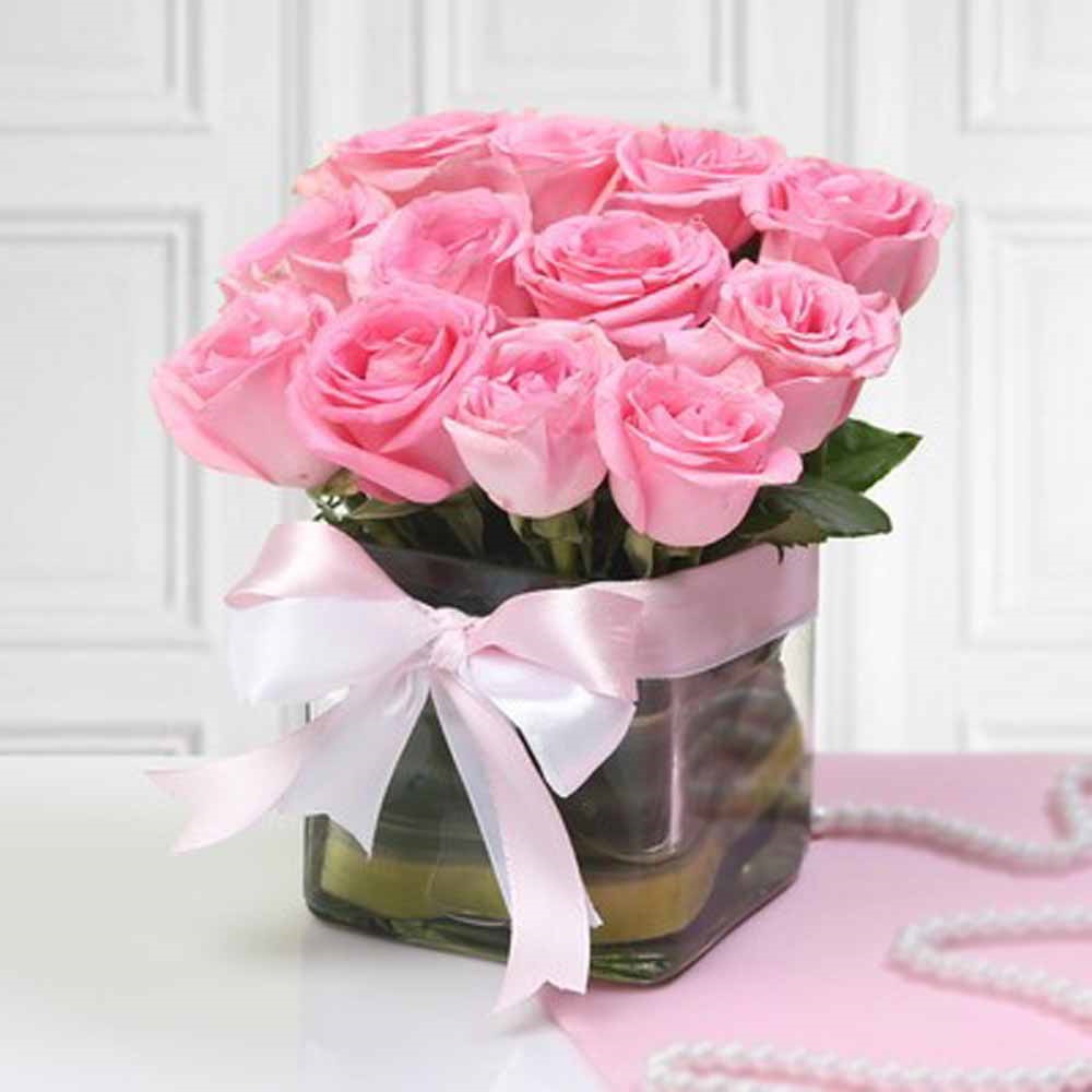 Pink Roses in Glass Vase for Mom
