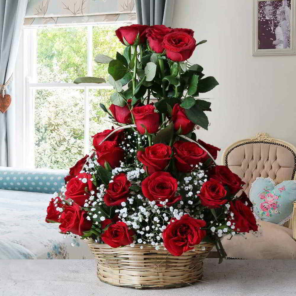 Moms Day Gift of Fifty Red Roses Arrange in Basket