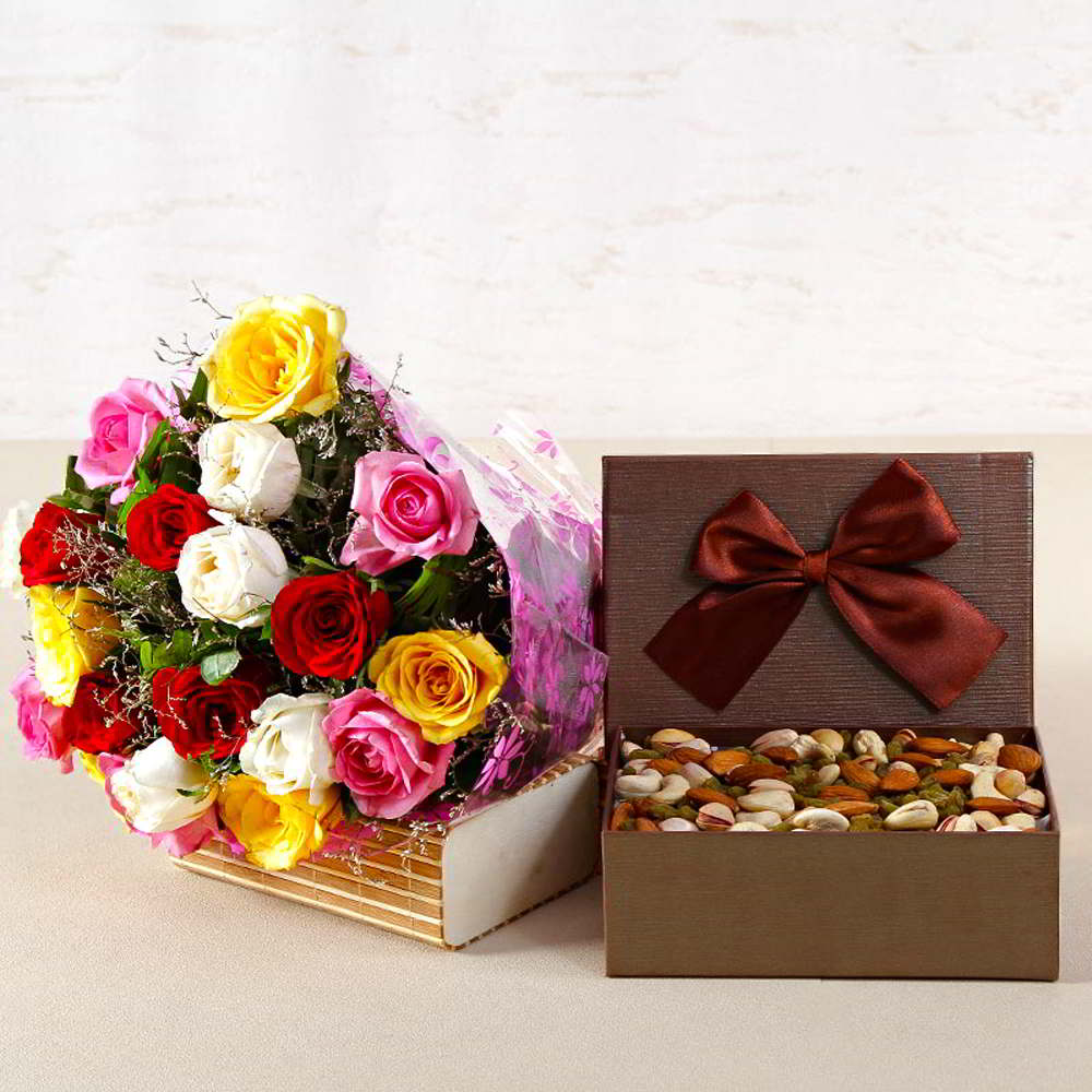 Mothers Day Bouquet of Mix Color Roses with Assorted Dry Fruits Box