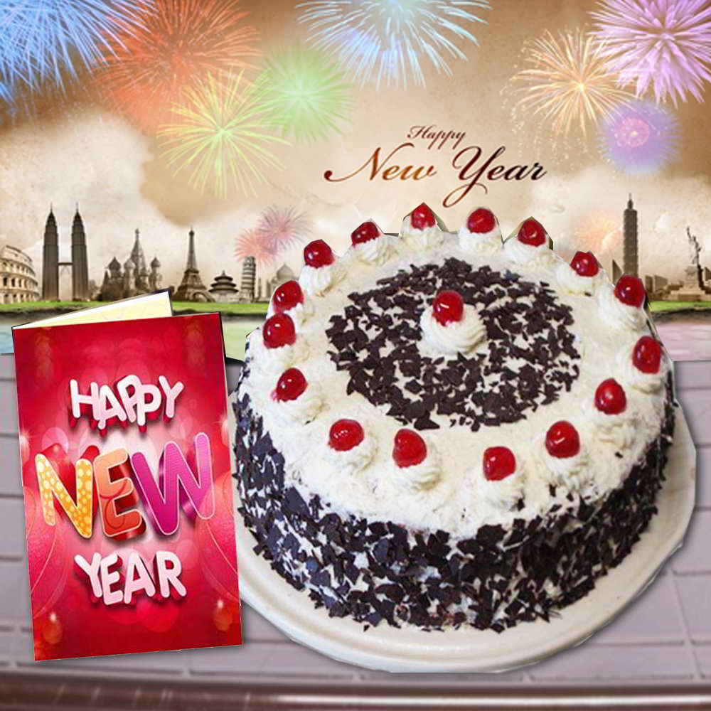Black Forest Cake and New Year Greeting Card