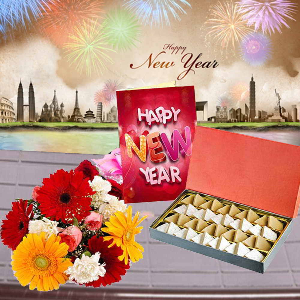 Kaju Katli Sweets Box with Mix Flowers Bouquet and New Year Card