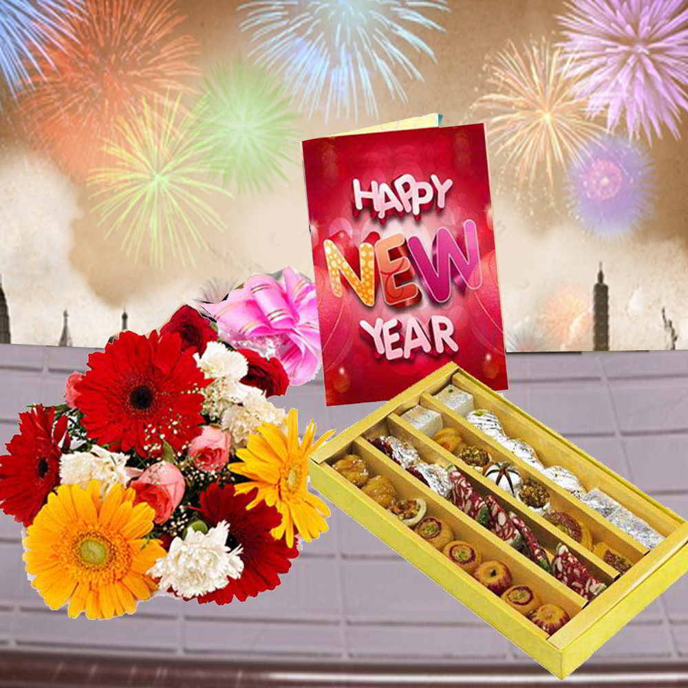 Assorted Sweets with Mix Flowers Bouquet and New Year Card