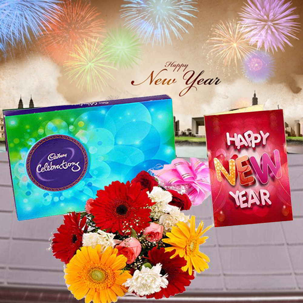 Cadbury Celebration Chocolates with Mix Flowers Bouquet and New Year Greeting Card